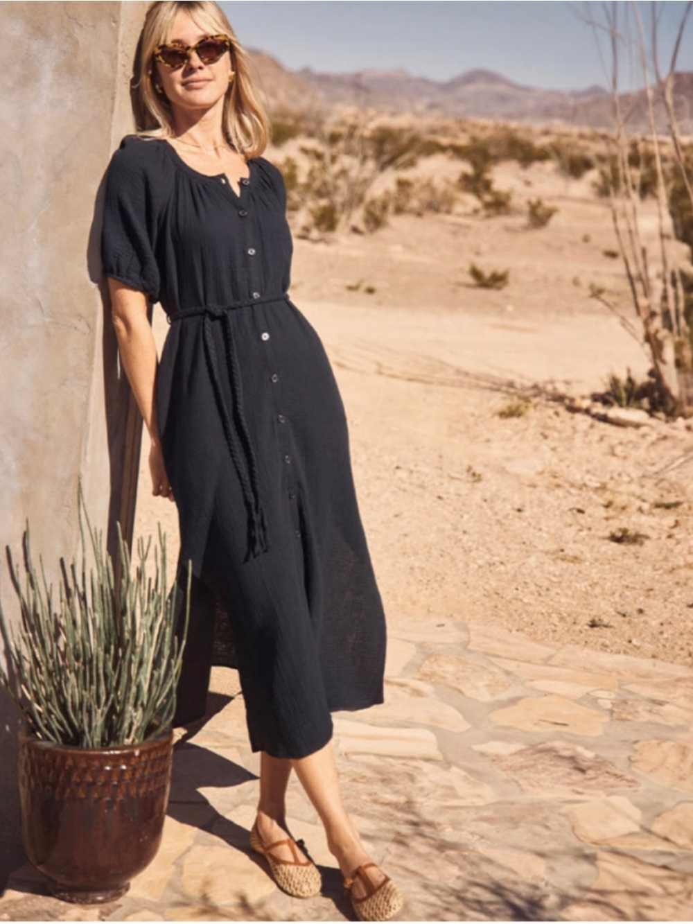 Marine Layer Black Erin Cotton Gauze Midi Dress Size Small